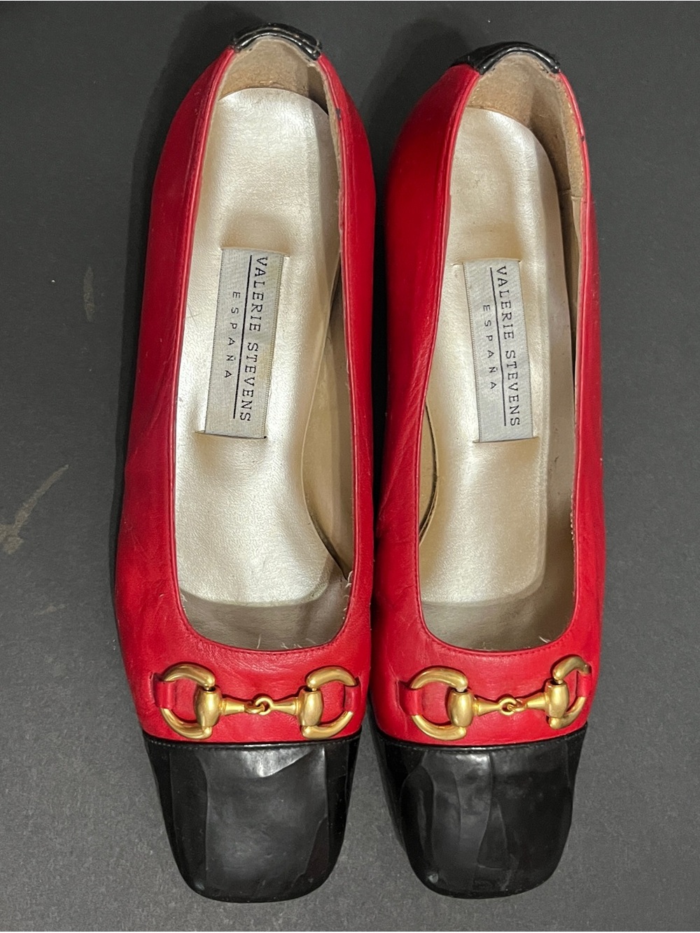 Valerie Stevens Red Leather Flats with Black Square Toe and Gold Horsebit